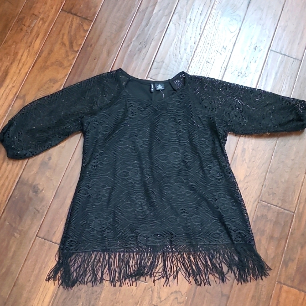 NWT New Directions Black Lace Fringe Glittery Blouse size Large